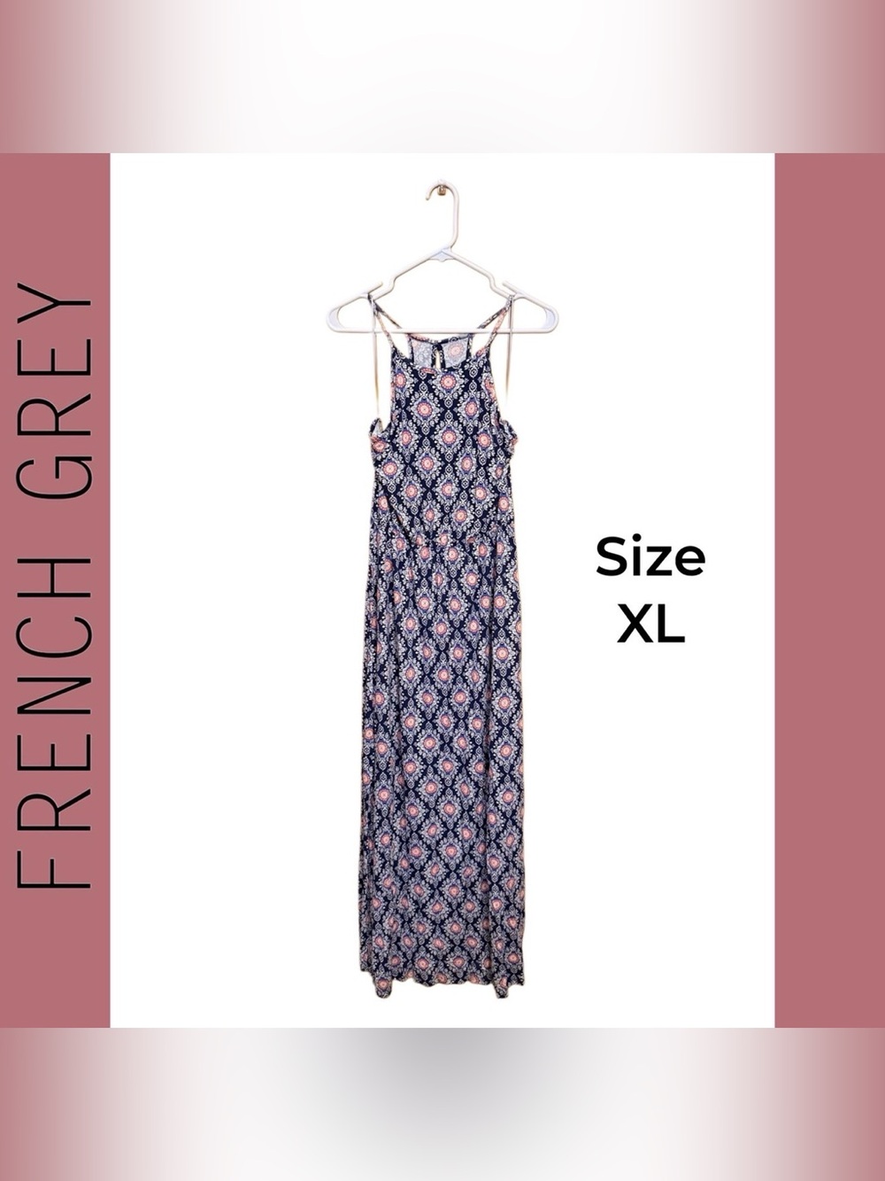 🌸 French Grey Floral Maxi Dress XL Boho Resort Vacation Dress